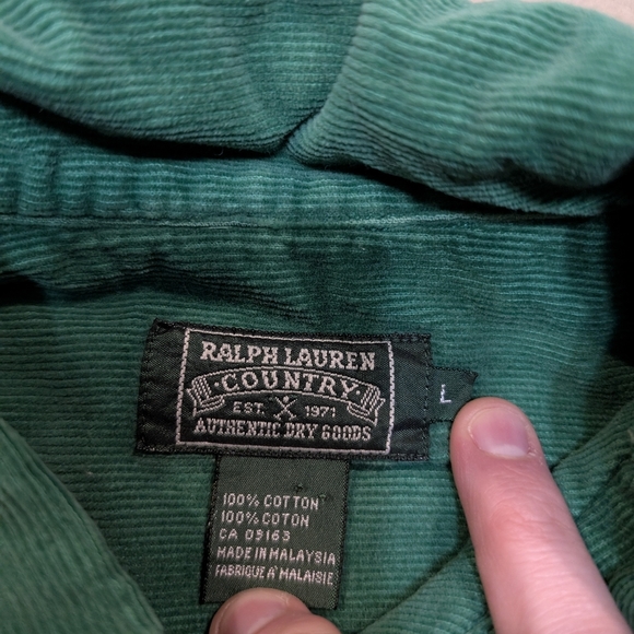 VTG Ralph Lauren Country Corduroy Shirt Mens L Loop Collar Green Flaws - Picture 2 of 6